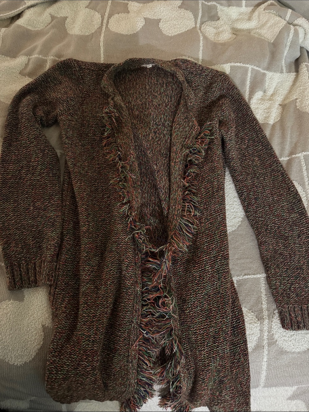 Mystree Multicolor Fringe-Trim Open-Front Cardigan